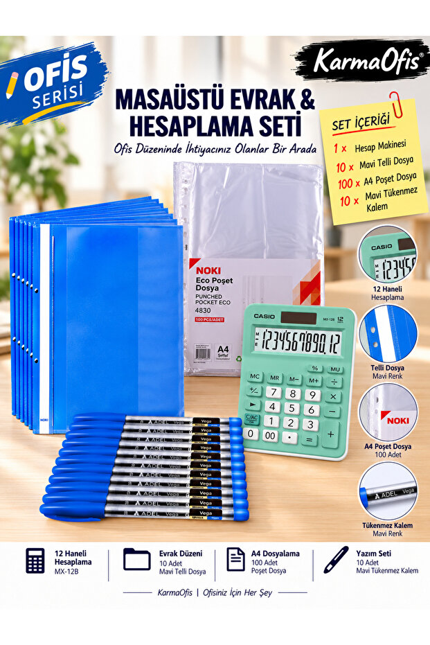 12 Digit Green Calculator Set | 10 Blue Wire-Bound Files + 100 A4 Pocket Files + 10 Blue Ballpoint Pens