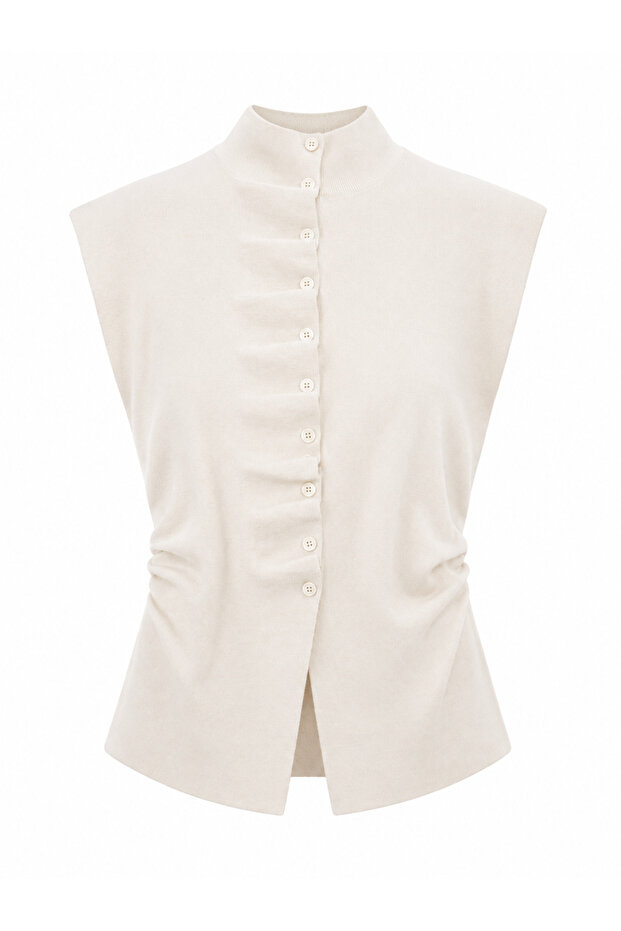Ecru Gathered Buttoned High Neck Knitwear Blouse