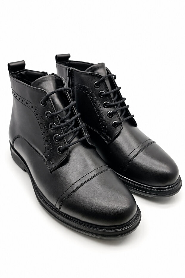 Black Men's 100% Genuine Leather Lace-Up Zippered Ankle Boots | Rubber Sole Full Mold | Daily Classic Stylish Comfortable Men's Boots Shoes | Ankle-Length Modern Design Leather Boots Suitable for Business, Office, and City Use.