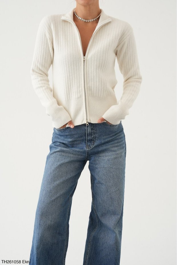 Women's Double Zipper Ribbed Woven Wool Knitwear Cardigan