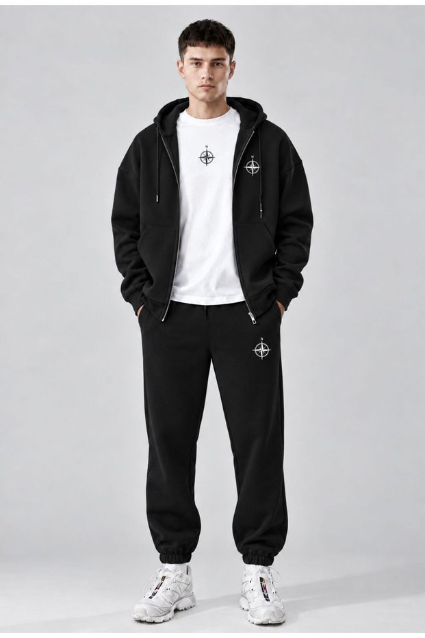 Men's Printed Oversize Zipper Hooded Sweatshirt, Crew Neck T-Shirt and Rubber Cuff Sweatpants Three-Piece Set