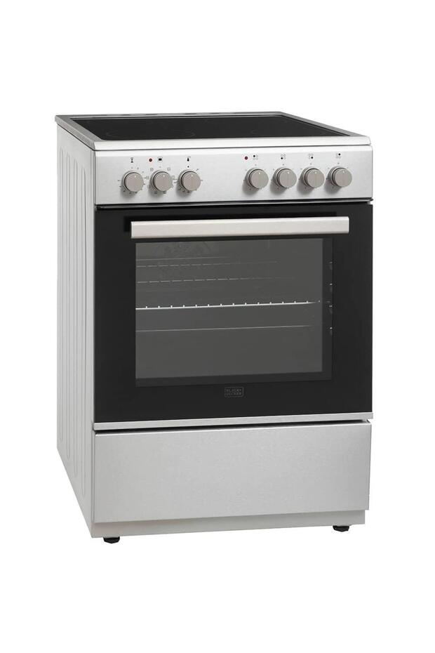 Black+Decker 60 Cm, Freestanding Electric Cooker, 4 Ceramic Zones, Digital Display, Electric Grill & Multifunction Oven With Fan, Inox