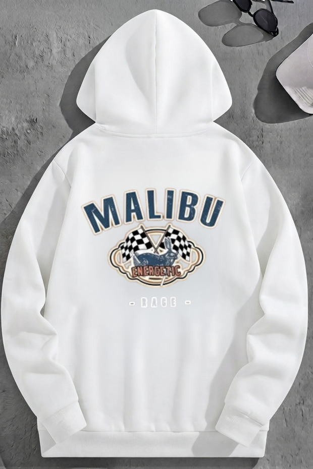 Unisex 3 Thread Cotton White Malibu Print Loose Fit Sweatshirt Hoodie
