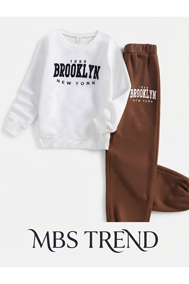 Winter Unisex Kids / Baby Snow White - Brown Brooklyn New York Printed Two Thread Tracksuit Set