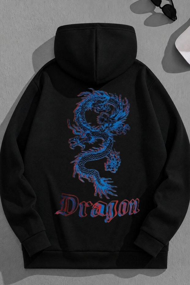 Unisex 3 Thread Cotton Black Bluedragon Print Loose Fit Sweatshirt Hoodie