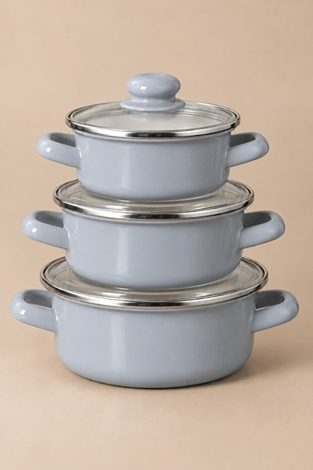 6-Piece Enamel Cookware Set – 12/14/16 cm Gray 3-Piece Cookware Set with Glass Lids