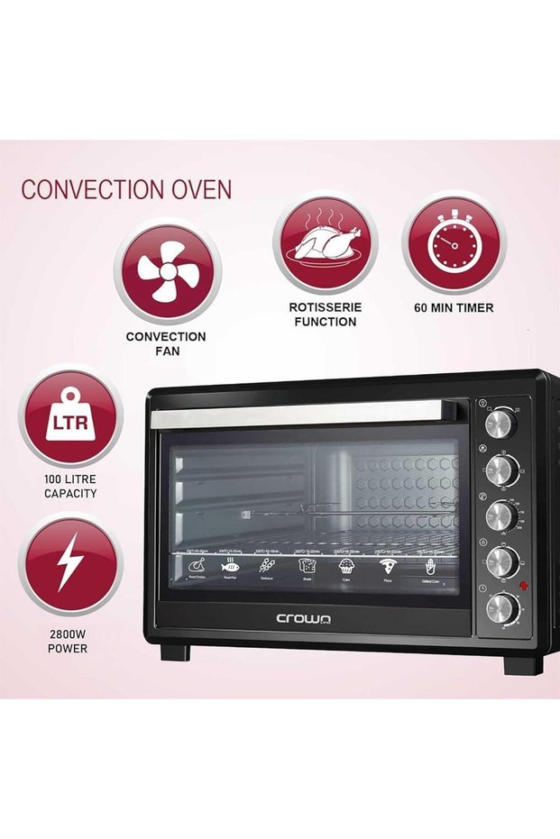 EO-439 Electric Oven, 100L 2800W, Double Grill & Convection, Rotisserie, Adjustable Thermostat up to 250°C, Glass Door, Anti-Rust Stainless Steel Interior – Black