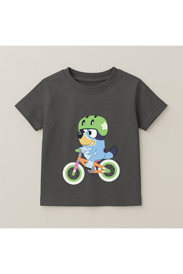 Bluey Bicycle Printed Children's T-Shirt 100% Cotton Smoked