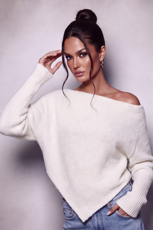 Asymmetrical Batwing Sleeve Embellished Soft Knit Sweater