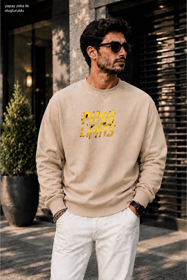 Men's Push Your Limits Typographic Printed Crew Neck Casual Regular Fit Sweatshirt