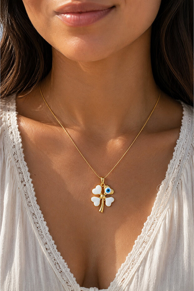 Women's White Enamel Clover Necklace