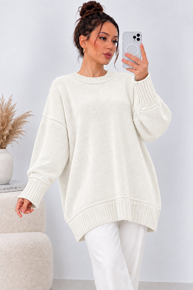 Women's Crew Neck Balloon Sleeve Oversize Knitwear Tunic Sweater 25788