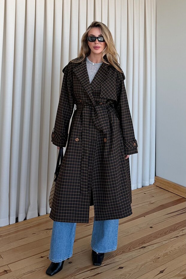 Mustard Plaid Patterned Long Trench Coat - 9738