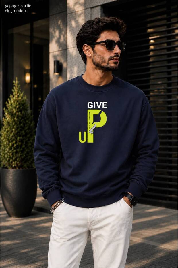 Men's Give up Neon Typographic Graphic Printed Crew Neck Casual Regular Fit Sweatshirt