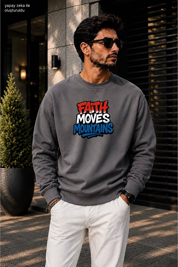 Erkekaith Moves Mountains Graffiti Typographic Printed Crew Neck Casual Regular Fit Sweatshirt