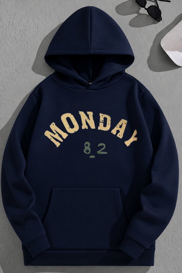 Unisex 3 Thread Cotton Navy Blue Monday Print Loose Fit Sweatshirt Hoodie