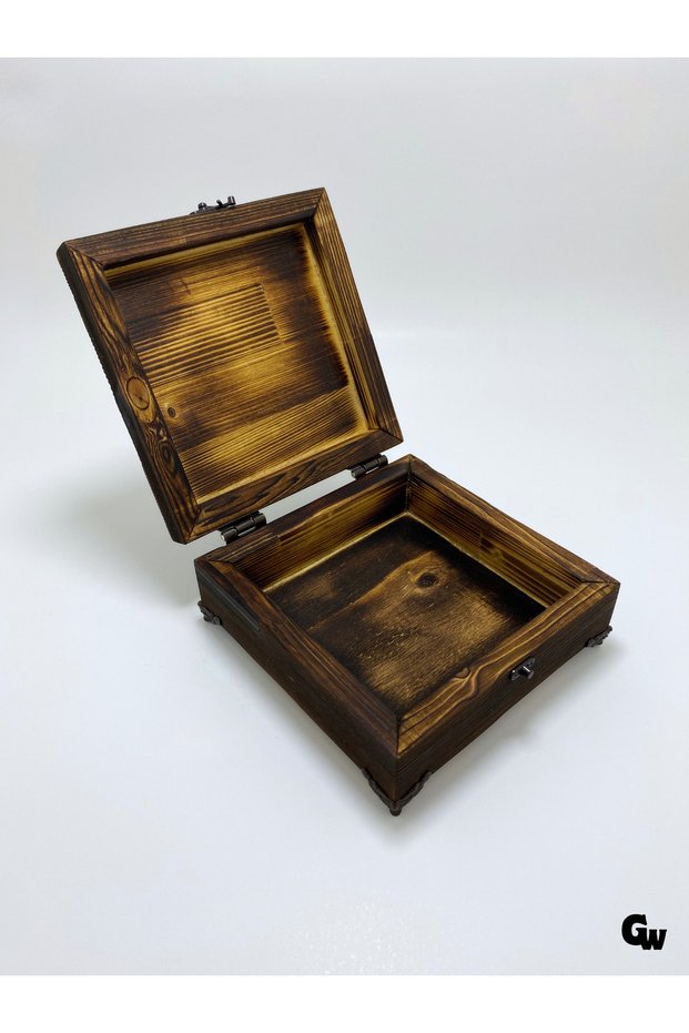 Natural Wooden Jewelry Box Wooden Storage Box (White Pine) (Burned) (Length:18Cm Width:18Cm Height:9Cm)