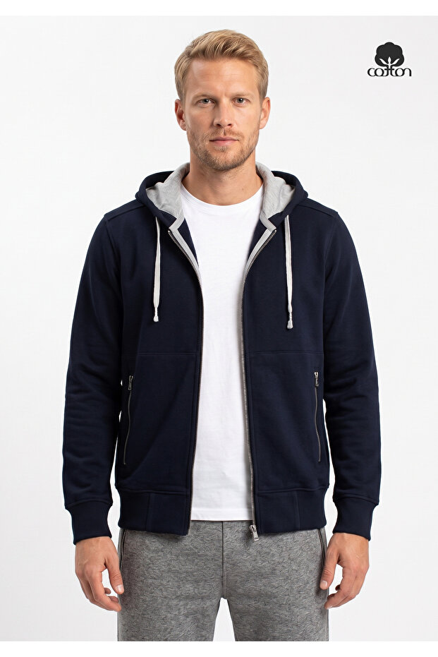 Men's Field Regular Cut, Three Thread, Without Hood, Zippered Pockets, Hooded Sweat Coat Dark Blue