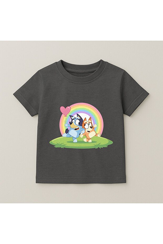 Bluey Rainbow Grass Printed Kids T-Shirt 100% Cotton Smoked