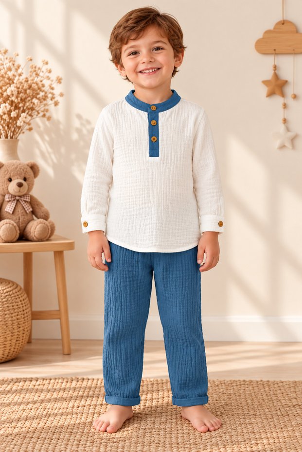 Boy's Muslin Long Sleeve Shirt and Pants 2-Piece Set