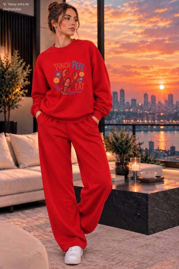 Women's Pinch Peel Eat Lobster Printed Crew Neck Regular Fit Women's Tracksuit Set