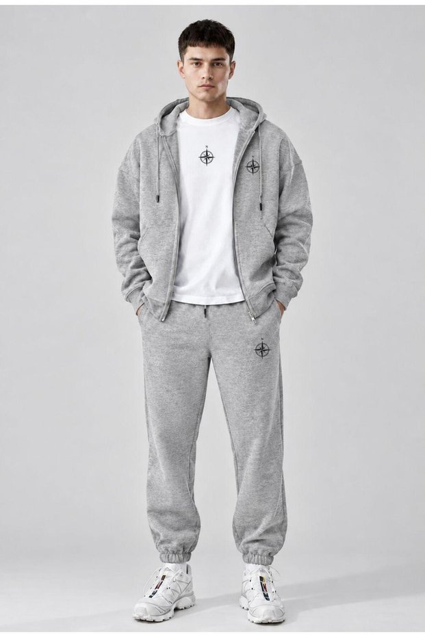 Men's Printed Oversize Zipper Hooded Sweatshirt, Crew Neck T-Shirt and Rubber Cuff Sweatpants Three-Piece Set