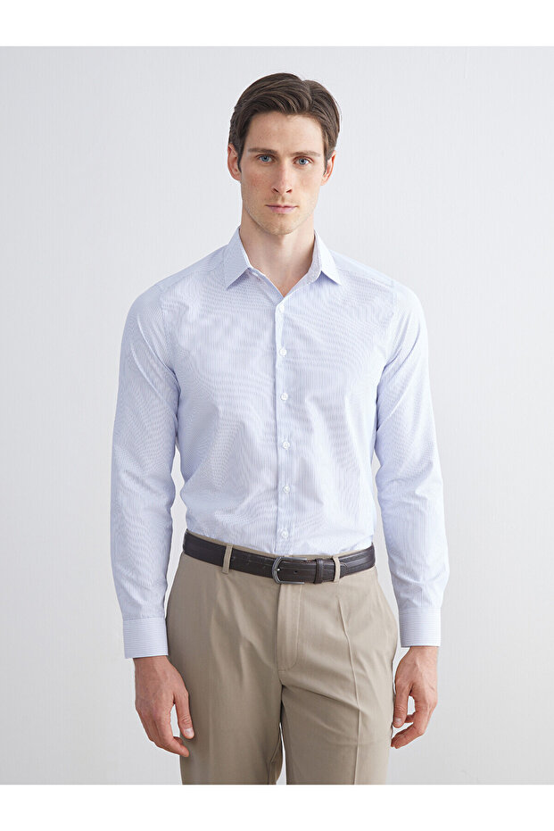 Slim Fit Long Sleeve Striped Poplin Men's Shirt