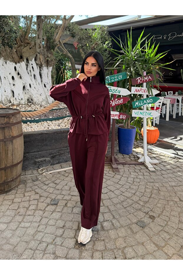 Women's V-Piping Detailed Zippered Double Suit with Drawstring Waist and Wide-Legged Trousers