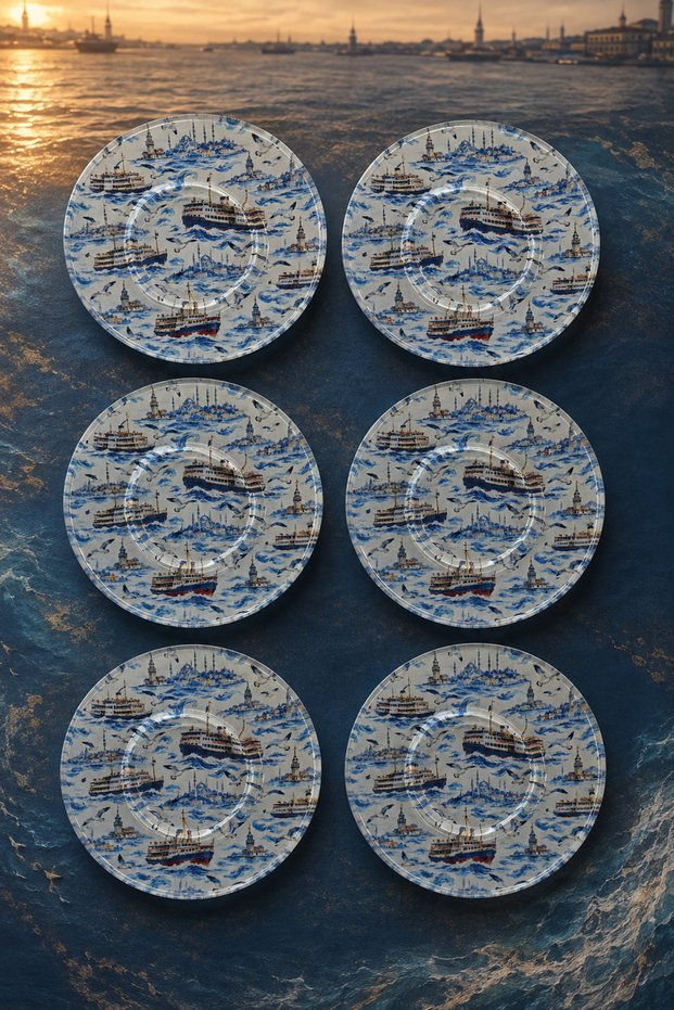 Set of 6 Glass Tea Plates – Istanbul Steamboat and Bosphorus Patterned – 12 Cm, 6 Tea Plates