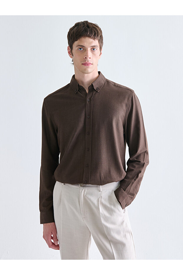 Brown Regular Fit Long Sleeve Dobby Men's Shirt