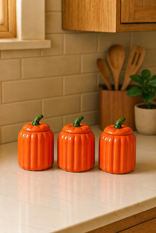 3-Piece Orange Lidded Striped Porcelain Jar Storage Set 400 Ml, Tea Sugar Coffee Salt with Label Gift