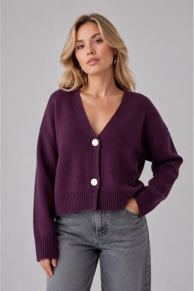 Oversize Metal Button Detailed Knitwear Cardigan Aw25Hi0044