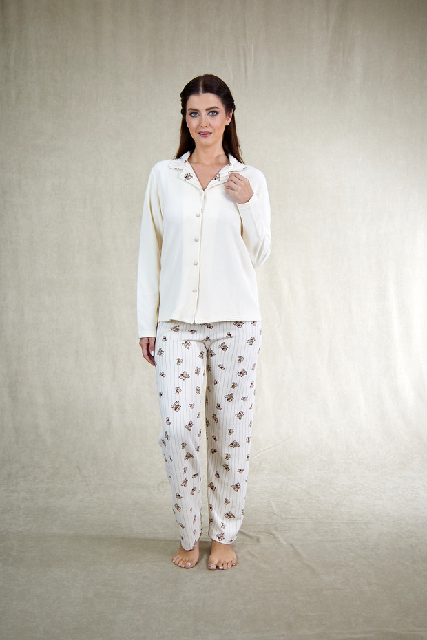 Women's Teddy Bear Patterned Front Buttoned Waffle Fabric Pajama Set