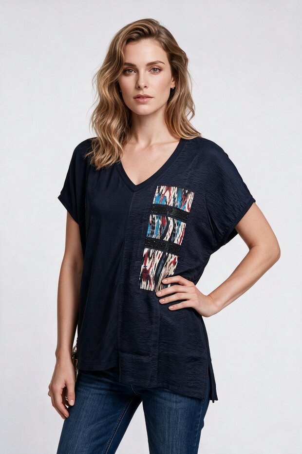 V-neck windowed digital print t-shirt with stone embellishments