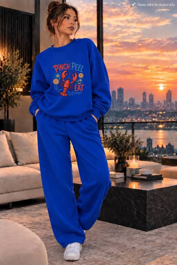 Women's Pinch Peel Eat Lobster Printed Crew Neck Regular Fit Women's Tracksuit Set