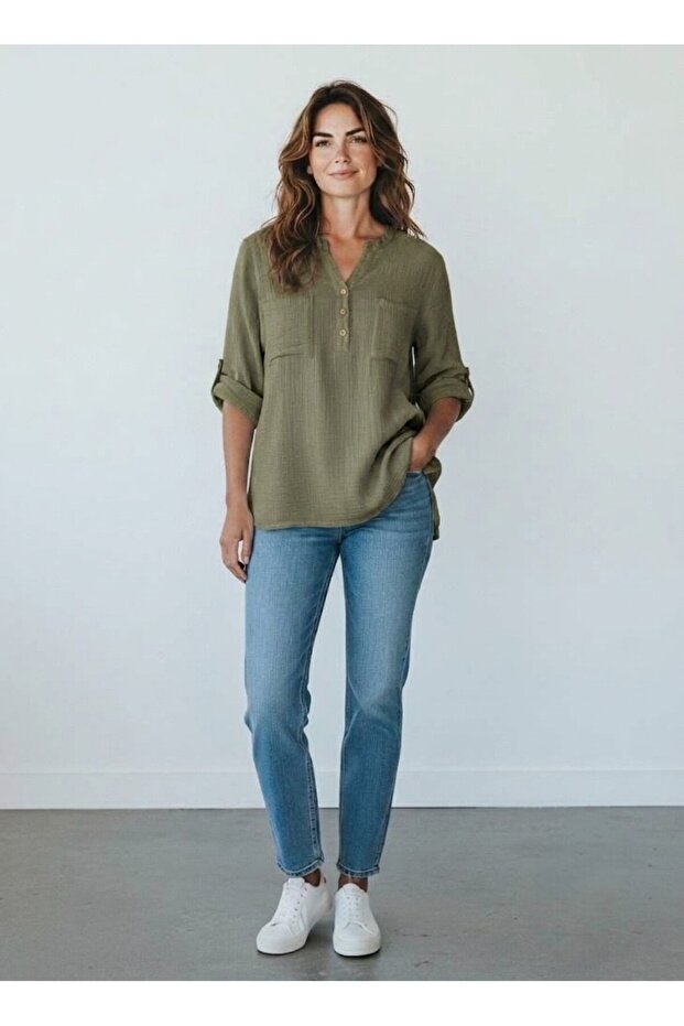 3-Button 100% Cotton Muslin Blouse