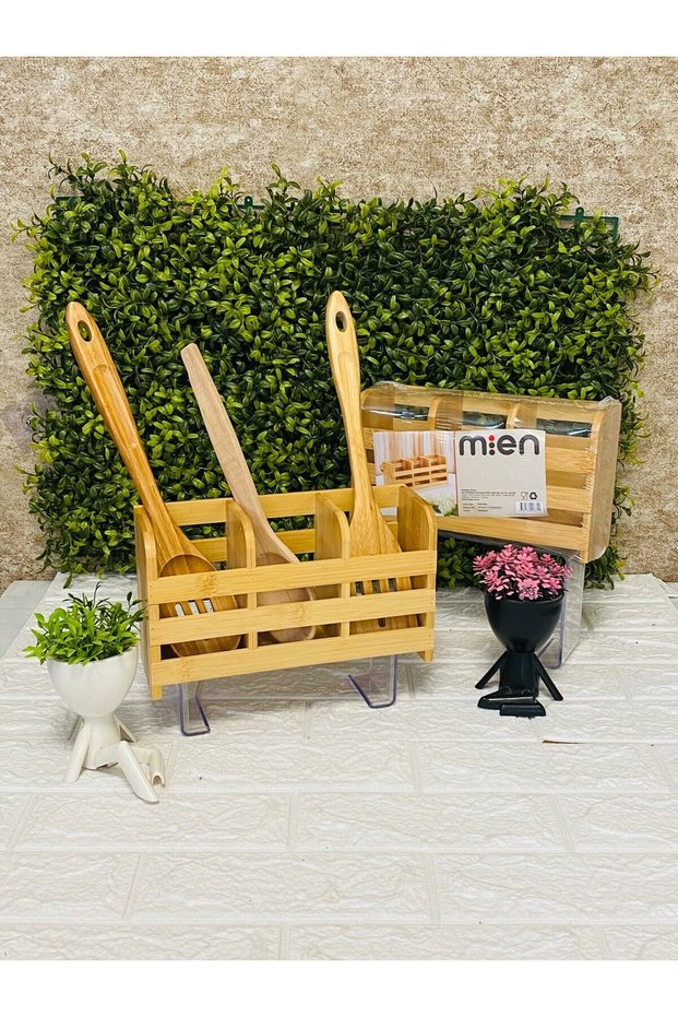Bamboo 3-Compartment Countertop Spoon Holder & Kitchen Utensil Organizer Stand
