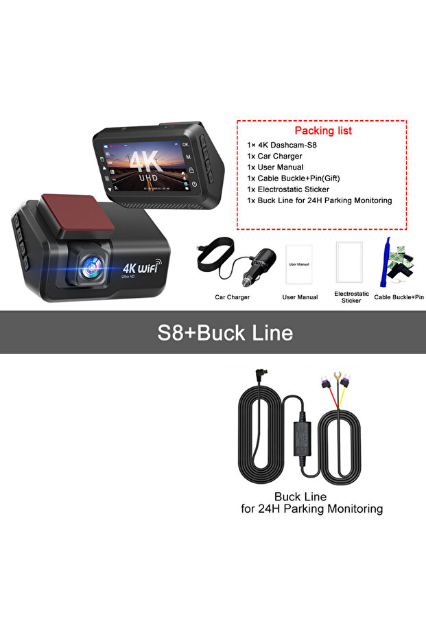 None S8-BL Kocam 4K UHD Dash Cam WiFi Car DVR Front and Rear Dual Lens Auto Car Camera with Night Vi