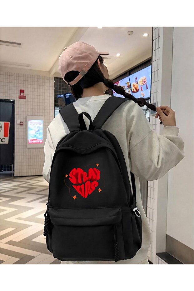 Black Stray Kids Heart Printed School, Class, Course Backpack