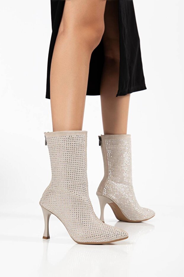 Women's Beige Suede Stone Boots - Pointed Toe Stone-Embellished Thin Heel Boots with Back Zipper