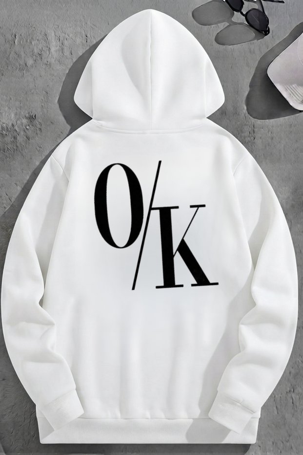 Unisex 3 Thread Cotton White O/K Print Loose Fit Sweatshirt Hoodie