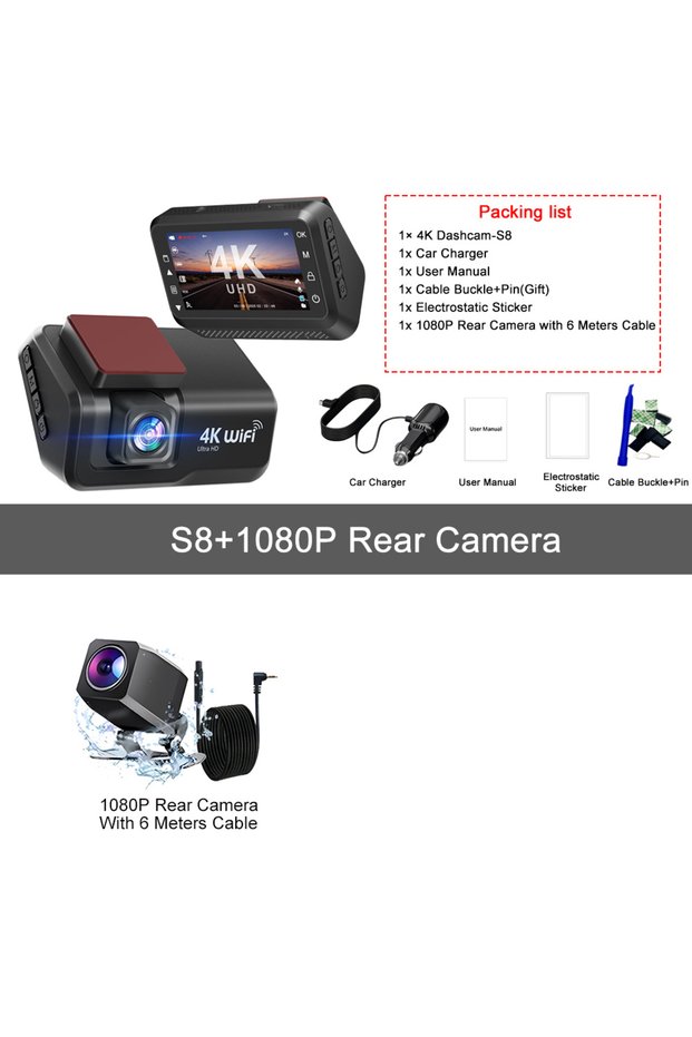 None S8-6M RCC Kocam 4K UHD Dash Cam WiFi Car DVR Front and Rear Dual Lens Auto Car Camera with Nigh