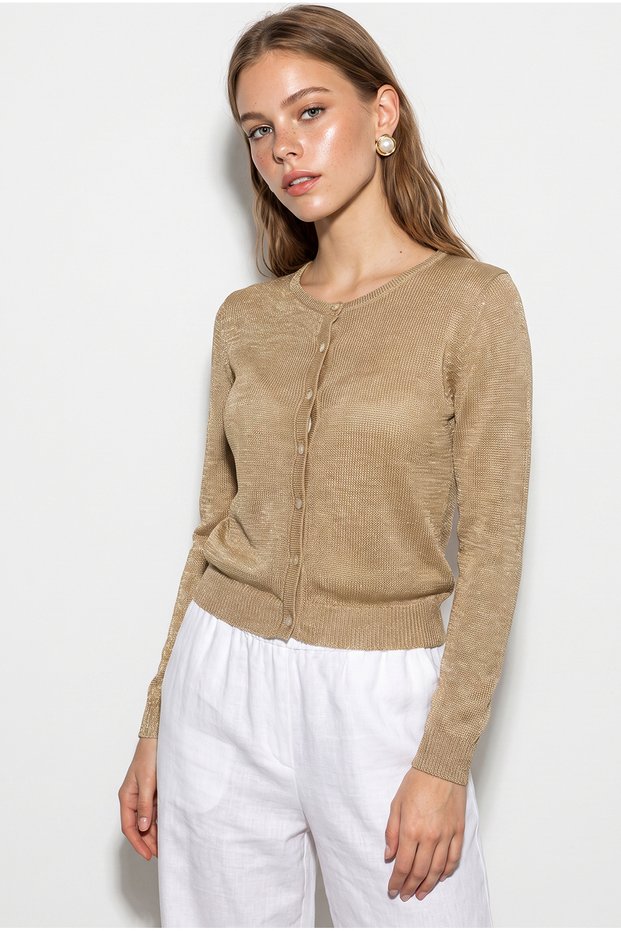 Women's Gold Gold Glittery Fine Knit Mercerized Knitwear Cardigan 2844 60286467