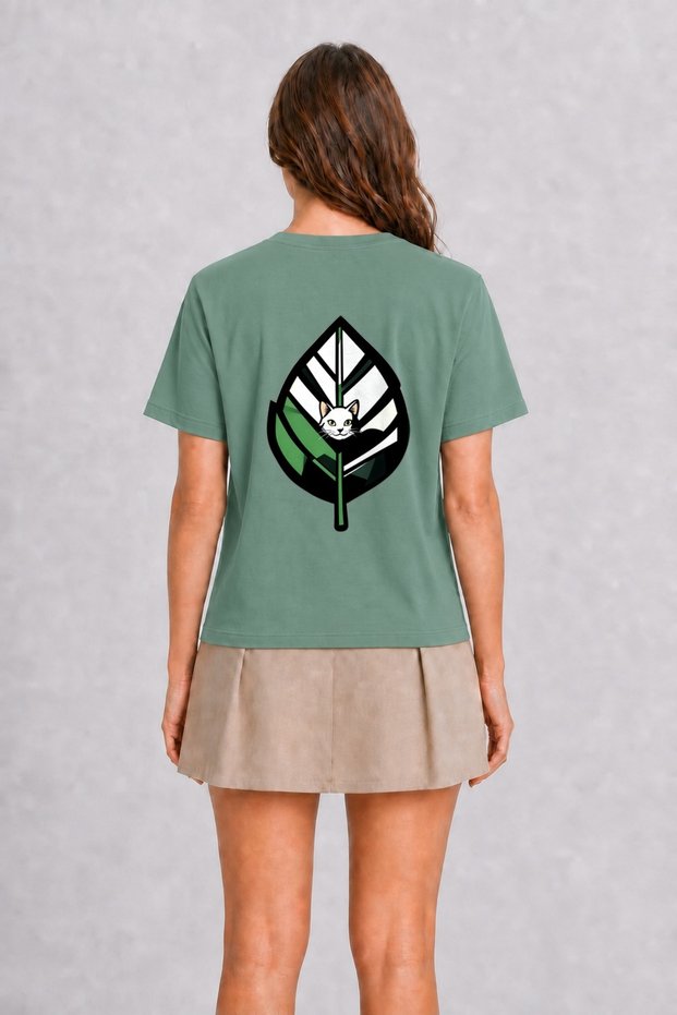 Modern Cat and Leaf Graphic Print - Back Print T-Shirt - Green