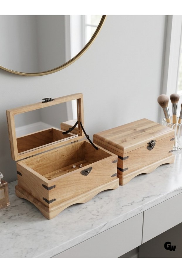 Natural Wooden Jewelry Box Wooden Storage Box (Walnut Wood) (with Mirror) (Length:32Cm Width:16Cm Height:16Cm)
