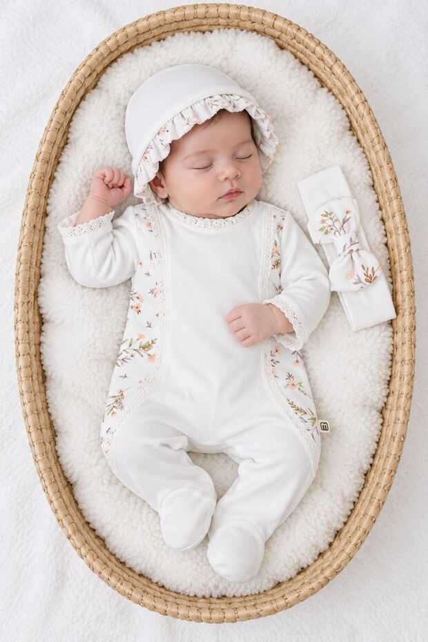 Baby Girl Newborn Jumpsuit with Floral Pattern, Bandana and Bonnet, 3-Piece Mevlüt Outfit, Baby Gift