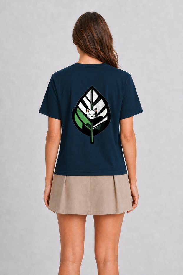 Modern Cat and Leaf Graphic Print - Back Print T-Shirt - Navy Blue