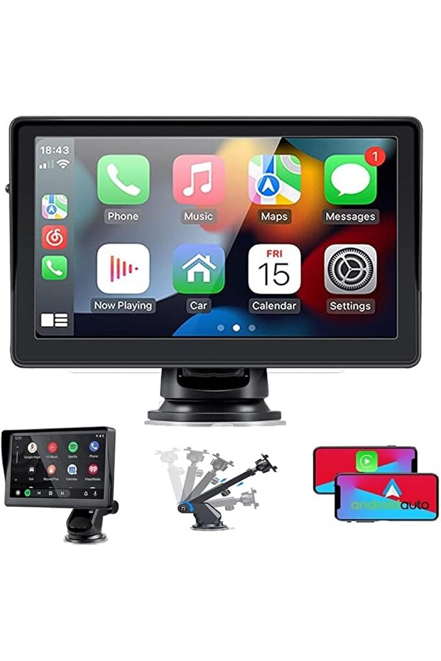 شاشة محمولة لاسلكية مقاس 7 بوصات تدعم Apple CarPlay وAndroid Auto - نظام ستيريو للسيارة بشاشة لمس بدقة 1080 بكسل مع بلوتوث