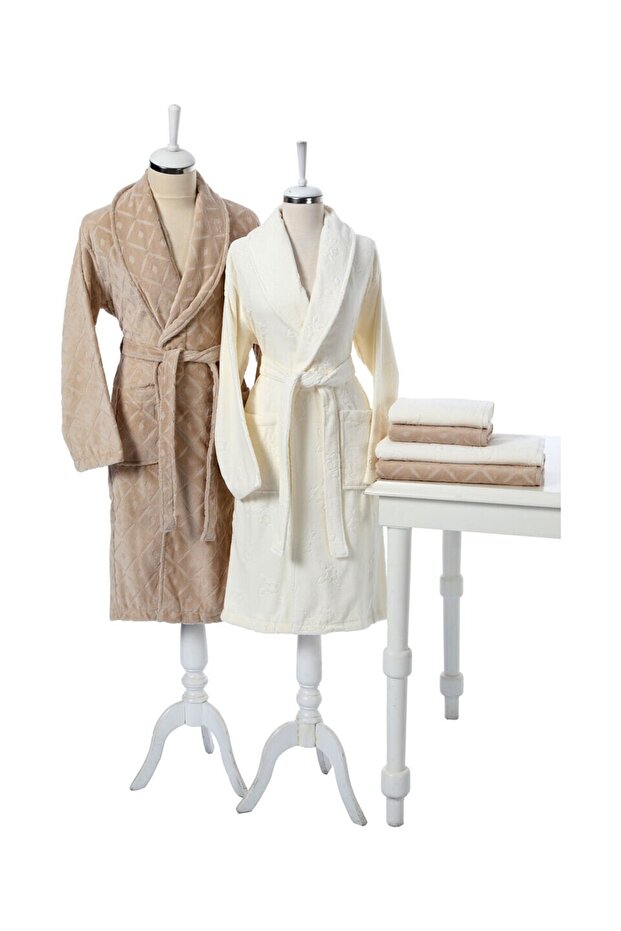 Mayra Velvet Family Bathrobe Set Cream - Brown
