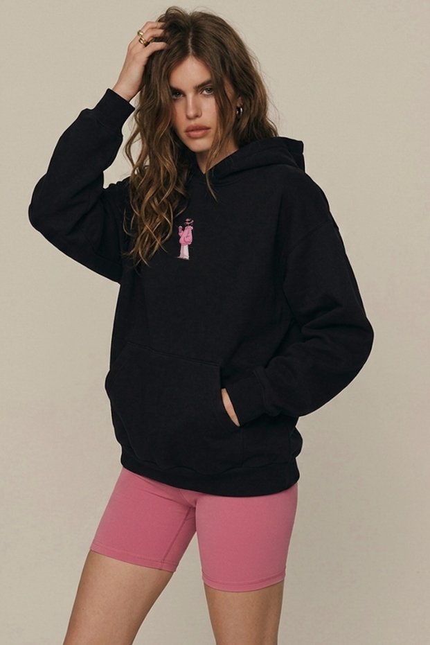 Women's Oversize Hoodie Pink Kitty Club Printed Black - Hooded, Pocketed, 3 Thread Fleece